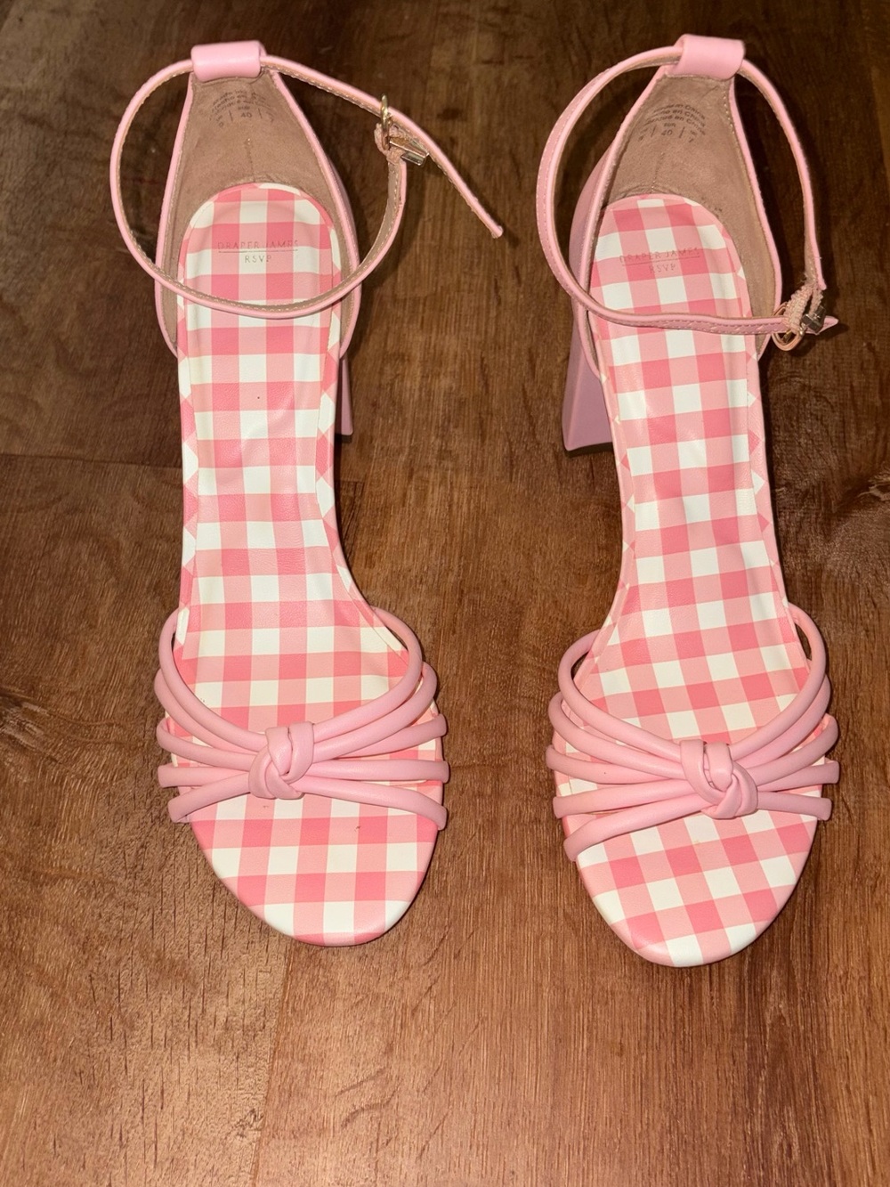 Draper James Pink Gingham Knot-Strap Ankle Heels